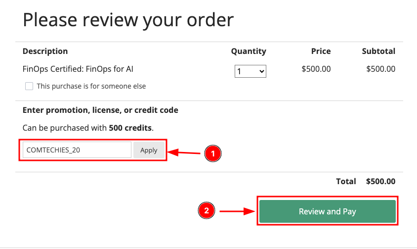 enter the discount code and click review and pay button