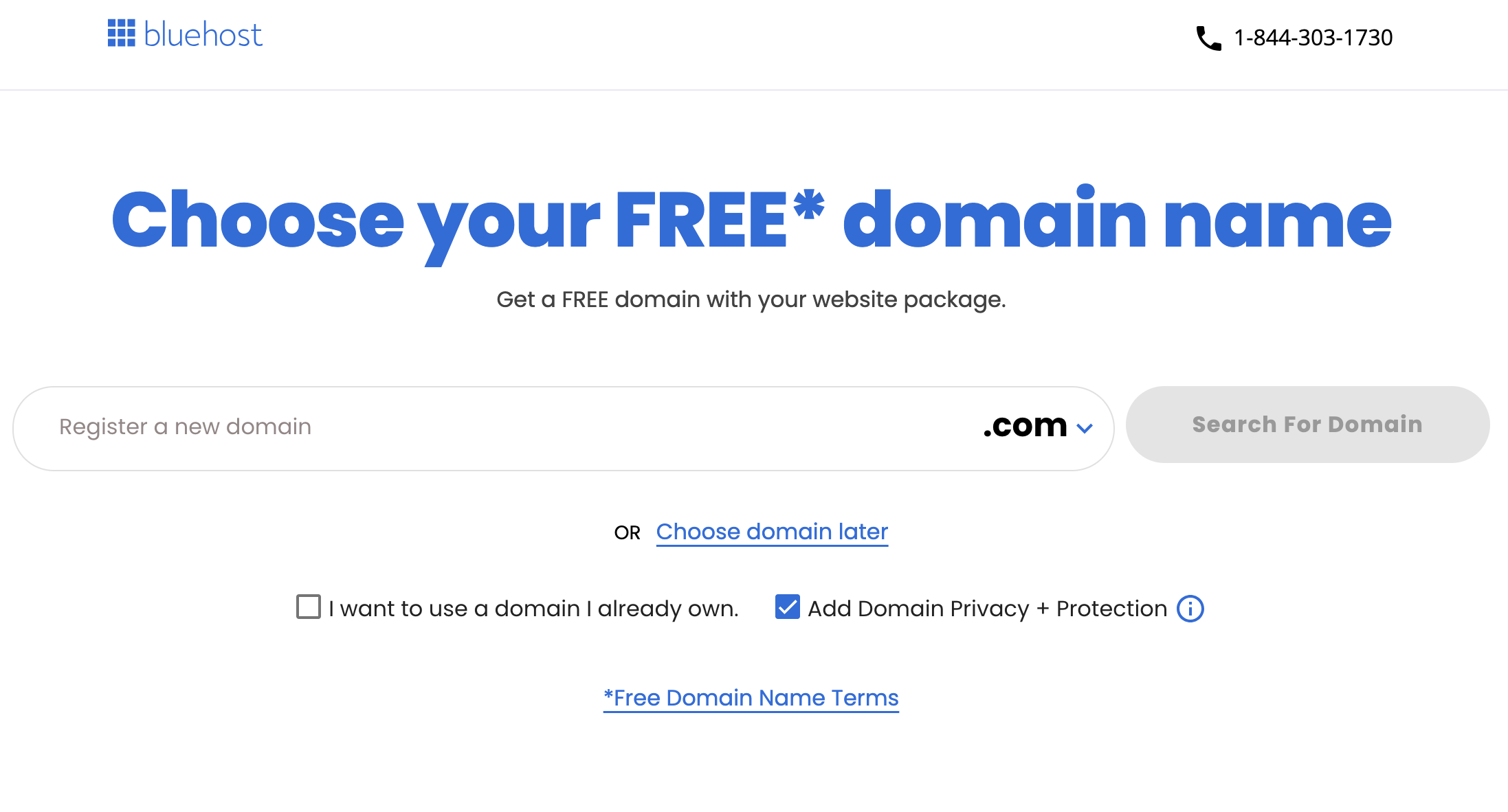 This is the bluehost page for searching for new domain or user can enter their existing domain