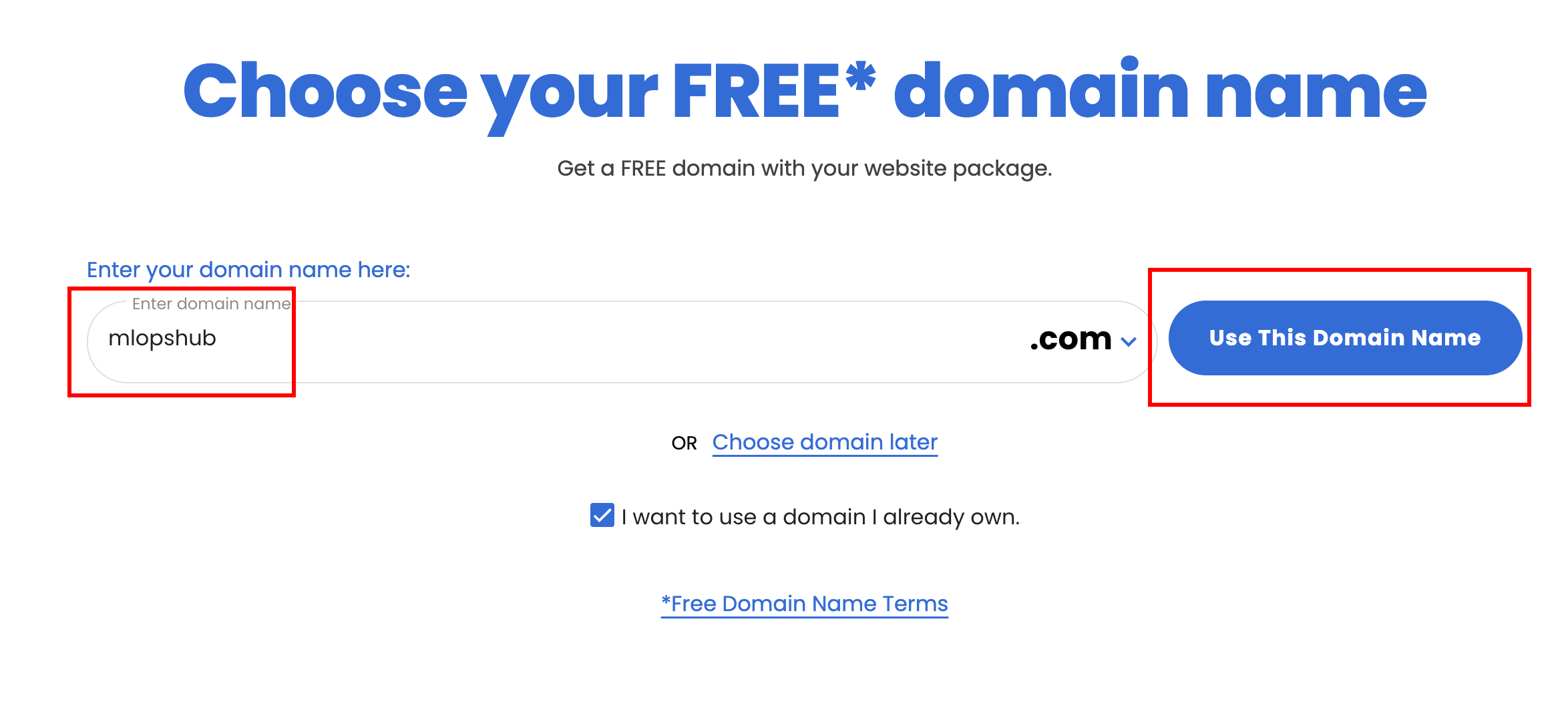 If user has existing domain. They should enter the domain and click use this domain name