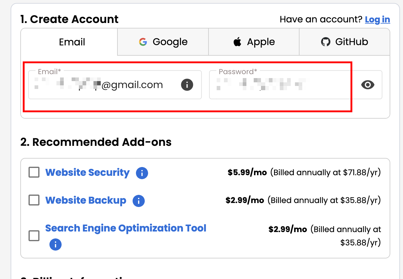 TO create the account, user have to enter their Gmail, Apple ID, or GitHub ID. Also there is a add-ons, if the user needs it, they can put a tick mark