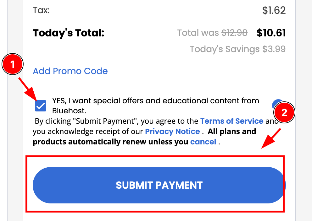 Click submit payment to purchase Bluehost