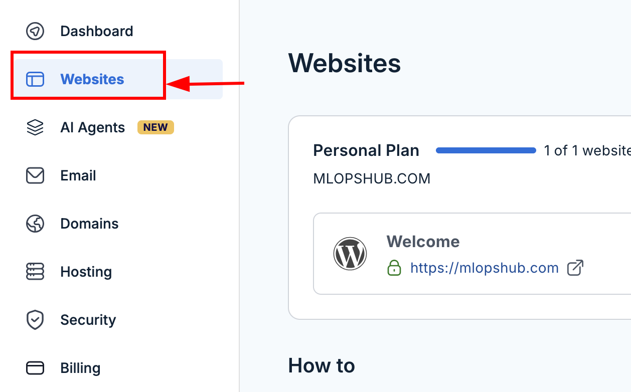 click the websites option from the Bluehost dashboard