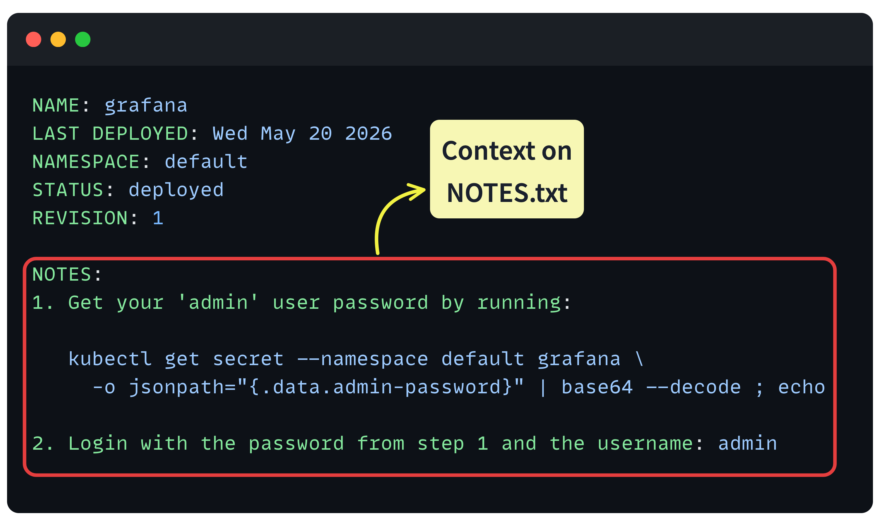 example helm output based on the context in notes.txt