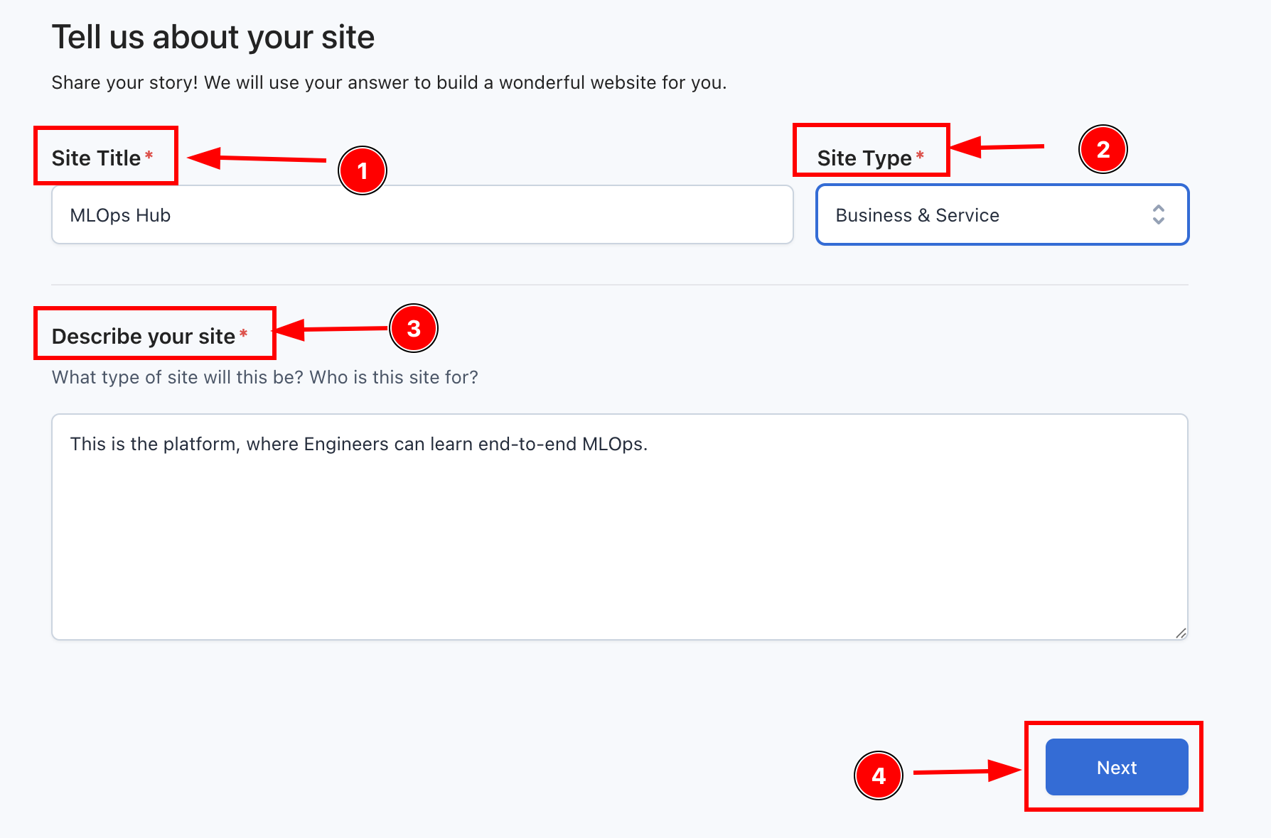 User have to enter the site details such as site title, site type, describr your site, and click next