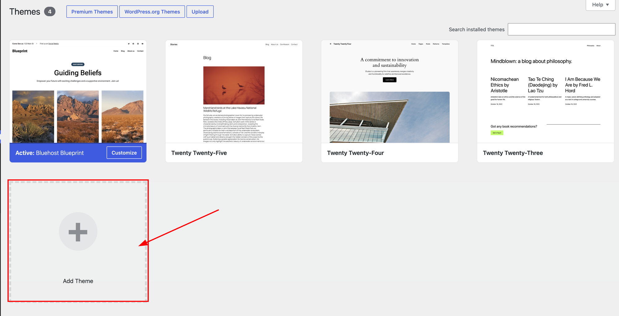 This is the WordPress's theme page. User can click add theme and integrate new themes for their website