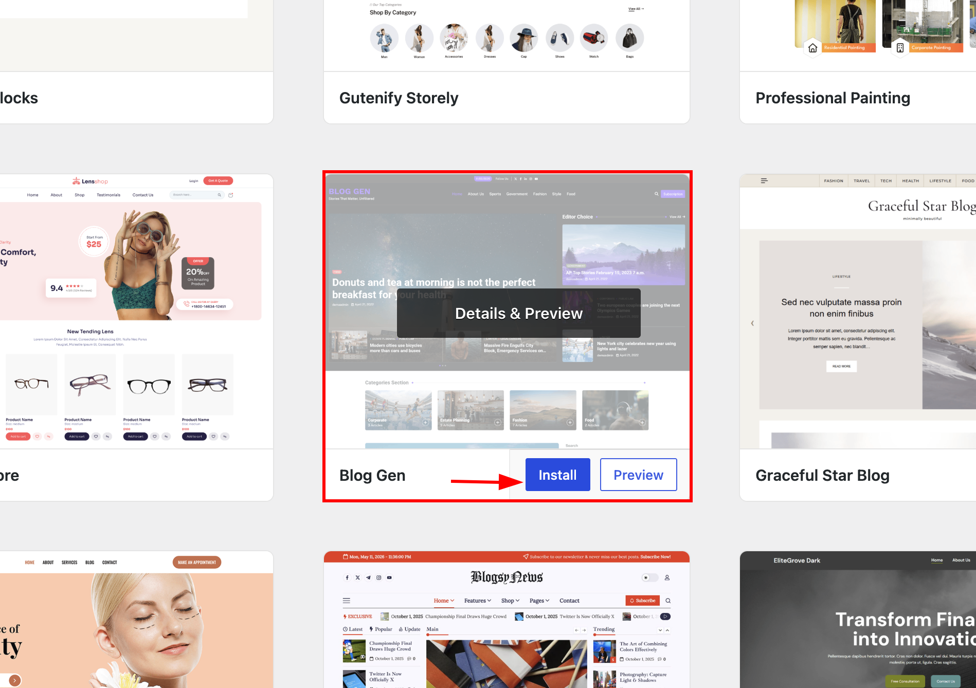 once the theme is selected, click install button