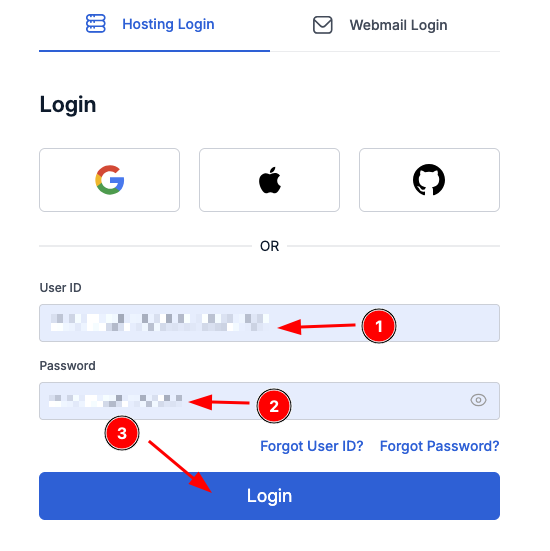 Enter the credentials Bluehost account