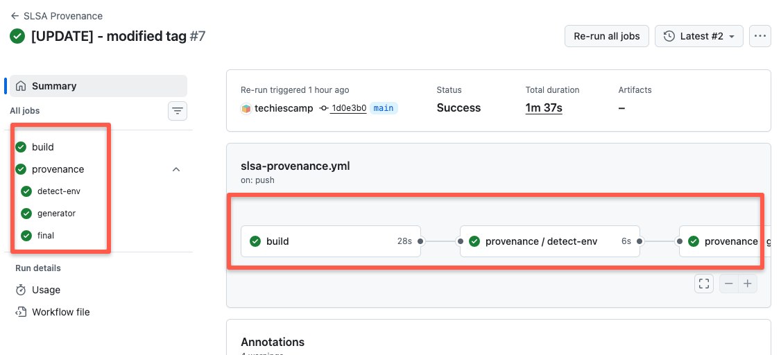 github action workflow steps to build and push both container image and its provenance file