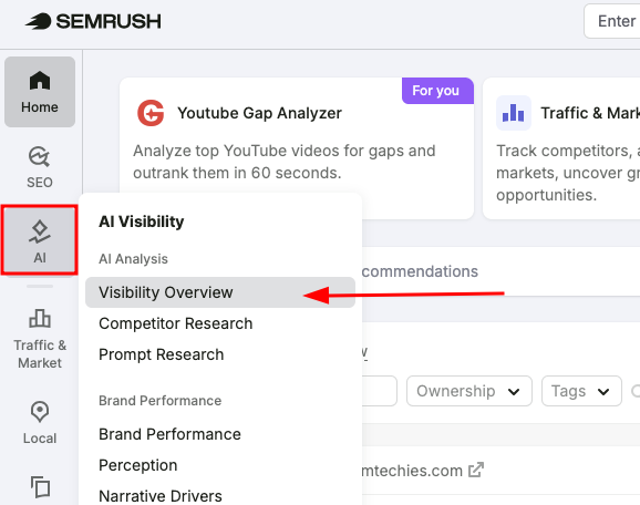 This is the semrush dashboard. Go to the AI visiblity, and click the visibility overview