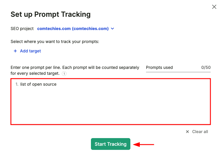 setup the prompt tracking in semrush