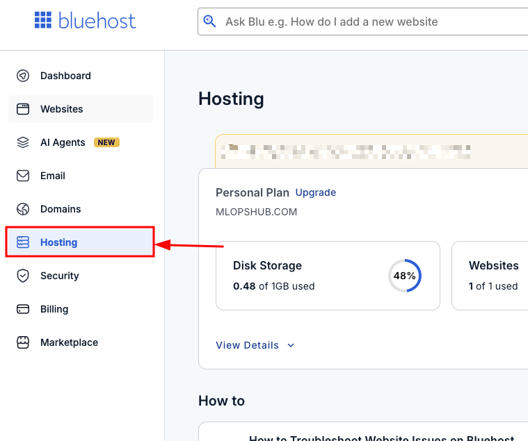 THis is the Bluehost account dashboard. Click the hosting option