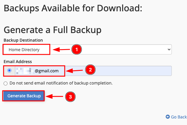 Select the home directoru, enter the Gmail ID, and click generate backup to start the backup generation