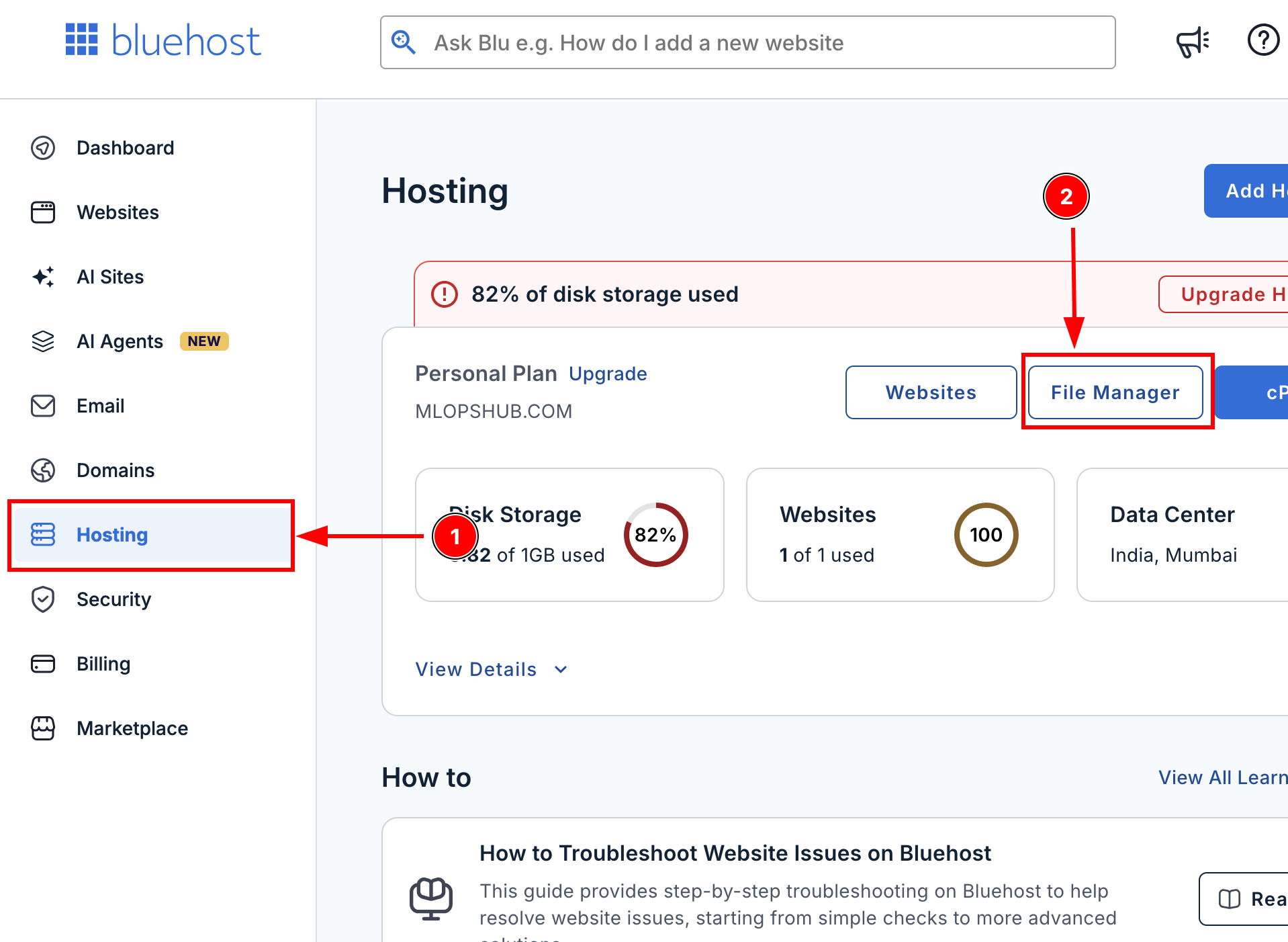 Find the file manager in the Bluehost dashboard under hosting section