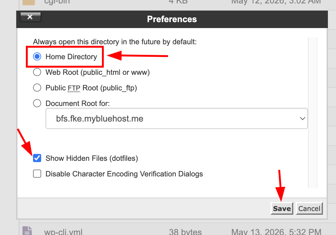 select the home directory, and put tick mark on show hidden files(dotfiles0