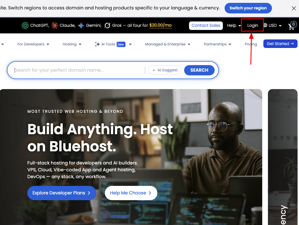 This is the Bluehost page. Click the login button to login