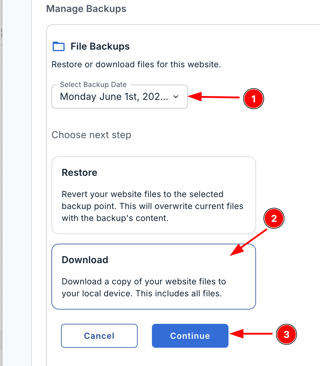 Choose the backups date, select the download option, and clikc continue