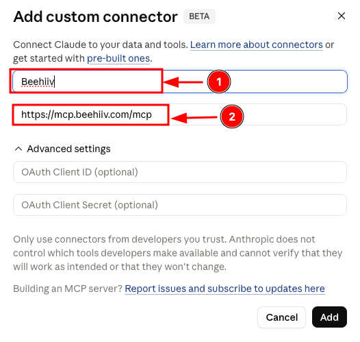 Enter Beehiiv as a name, and enter the Beehiiv MCP connector URL