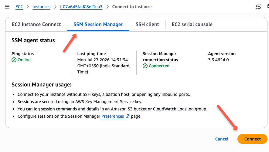 connect to node using session manager