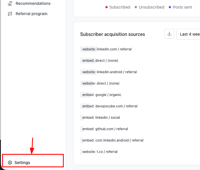 Click the settings button from the Beehiiv dashboard