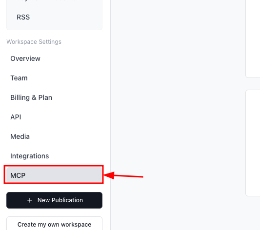 Click the MCP option from the Beehiiv settings