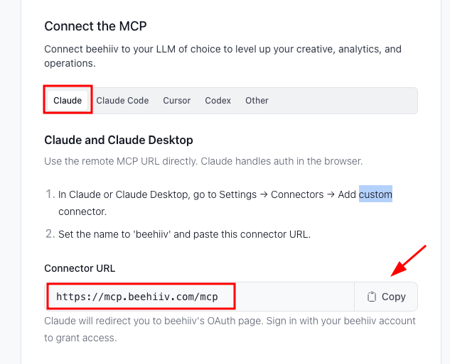Copy the connector URL of Claude
