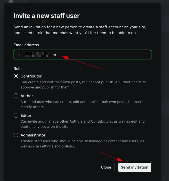 Ghost Admin Invite a new staff user shows an email address, contributor role selected with the Send invitation button.