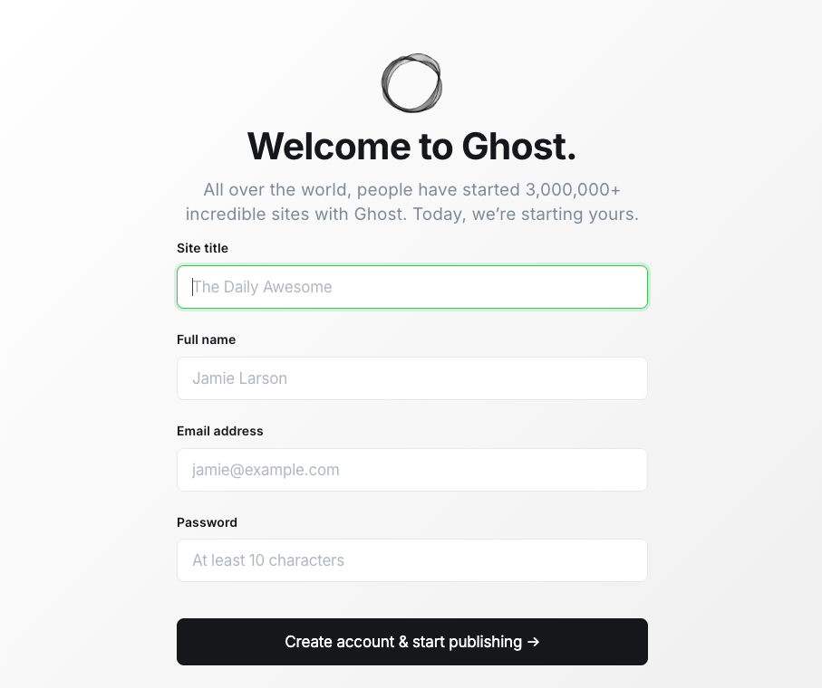 Ghost admin page showing the account setup page with details to fill up and Create account & start publishing button.
