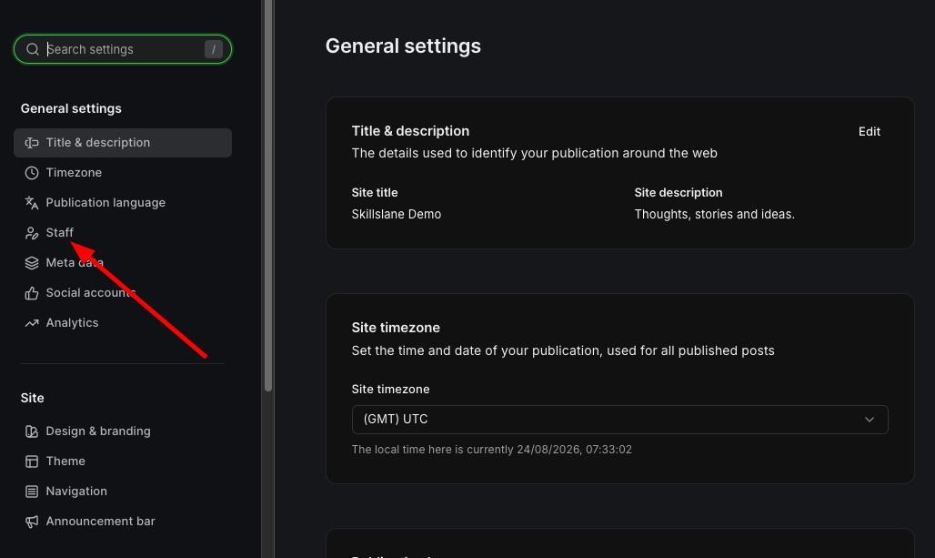 Ghost Admin General Settings page shows the Staff option, along with site title, description, and timezone settings.