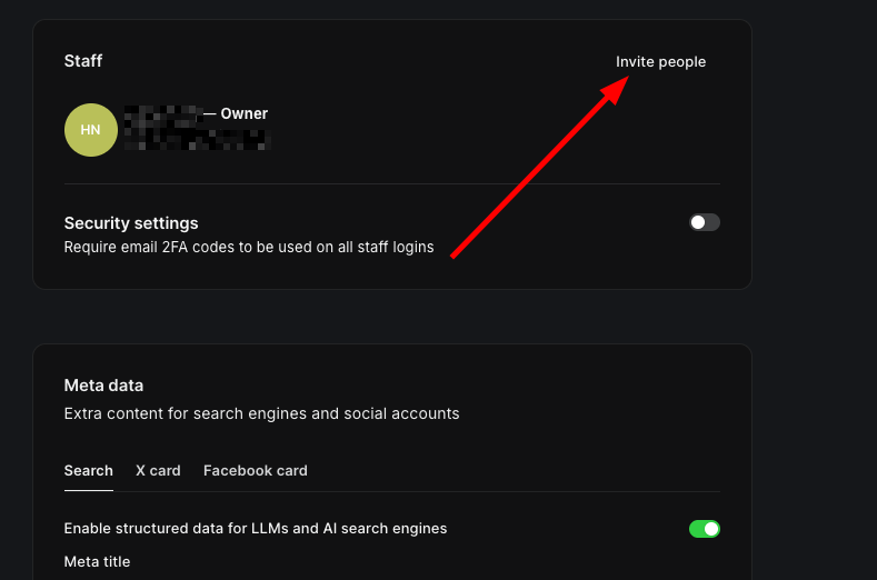 Ghost admin settings showing Staff section with 'Invite people' option highlighted, plus Meta data settings for search engine and social account optimization.