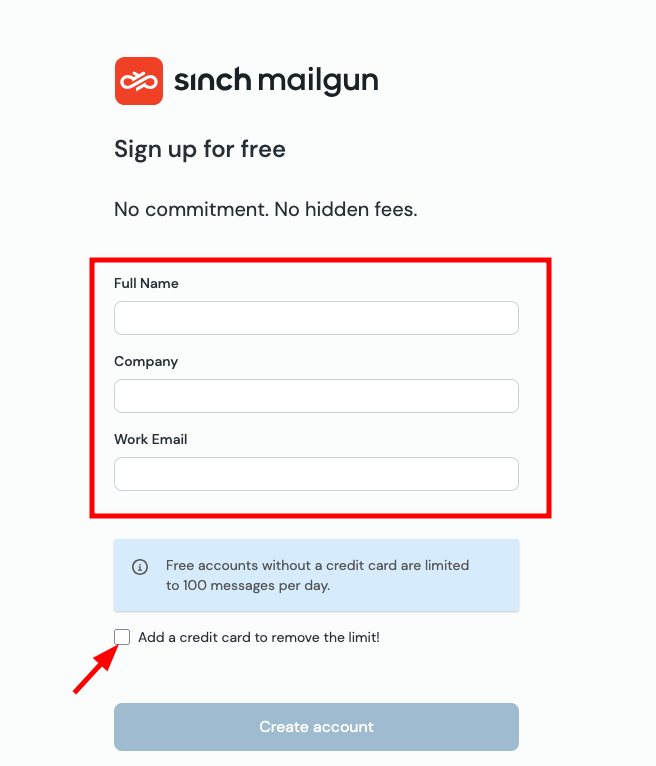 Sinch Mailgun signup page showing the free account registration form with details need to be filled up and an option to add a credit card.