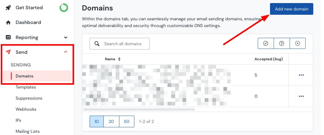 Mailgun Domains page showing the Send section and Domains tab, with the Add new domain button.
