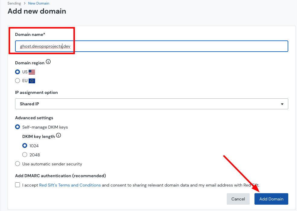 Mailgun Add new domain page showing a domain name field, region and advanced settings, and the Add Domain button.