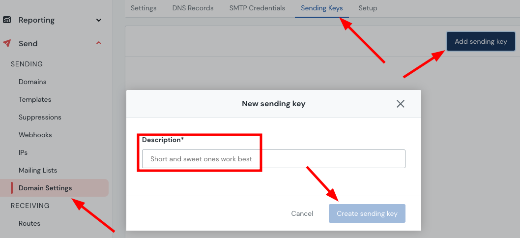 Mailgun Domain Settings page shows the Sending Keys tab, with the Create sending key button.