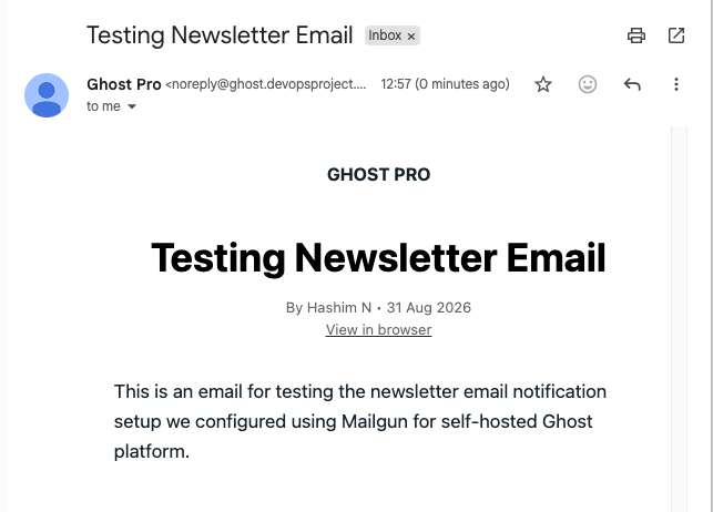 Gmail screenshot showing a newsletter email titled Testing Newsletter Email sent from a self-hosted Ghost platform.