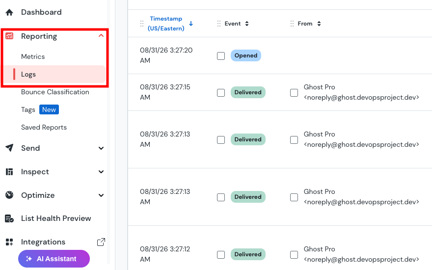 Mailgun Reporting Logs dashboard showing newsletter email delivery and open events from Self-hosted Ghost.