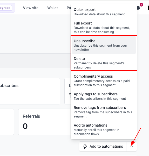 Beehiiv segment menu showing options to unsubscribe or permanently delete inactive subscribers