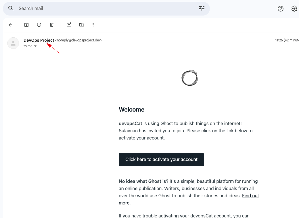 Gmail screenshot showing a Ghost account invitation email from DevOps Project, with a button to activate the account.