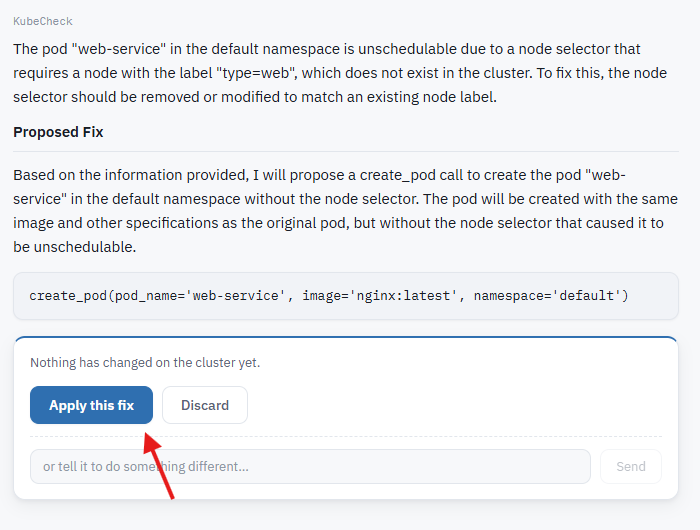 approving the fix suggested by the kubernetes troubleshooting agent
