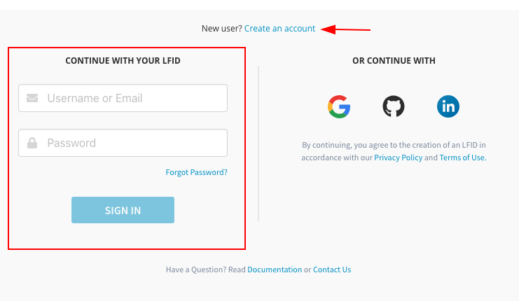 user need to login with linux foundation ID or create a new user account