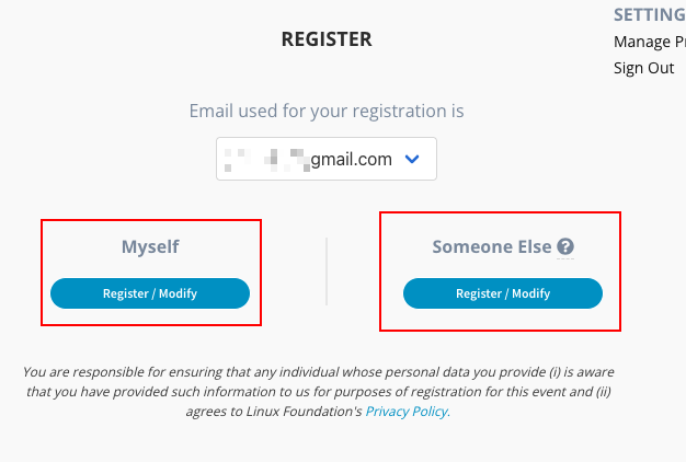 Registration options for yourself or someone else