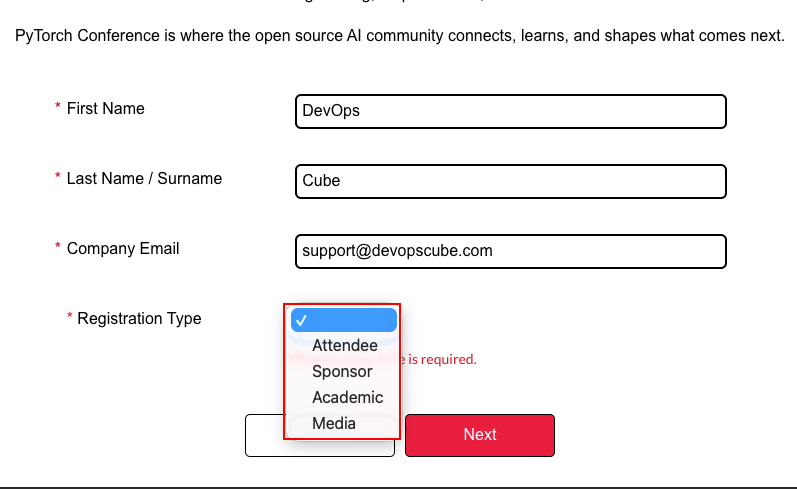 PyTorch Conference registration form with registration type options