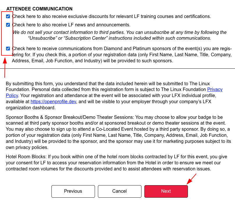 Attendees must select all three checkboxes and click Next