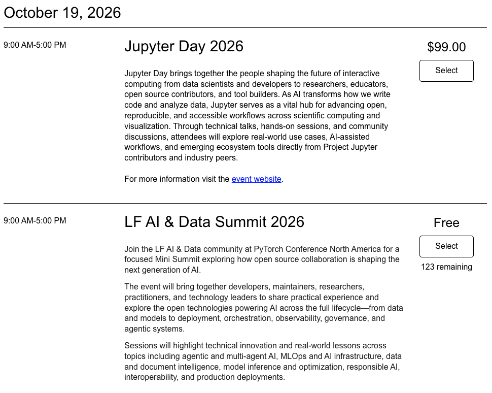 optional add-on events available for selection on October 19, 2026