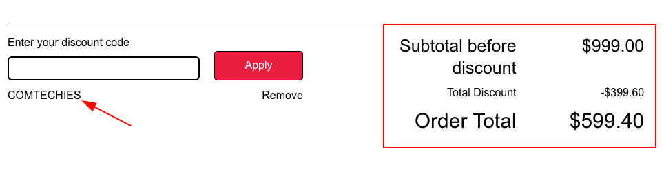 COMTECHIES discount code reduces the order total from $999 to $599.40