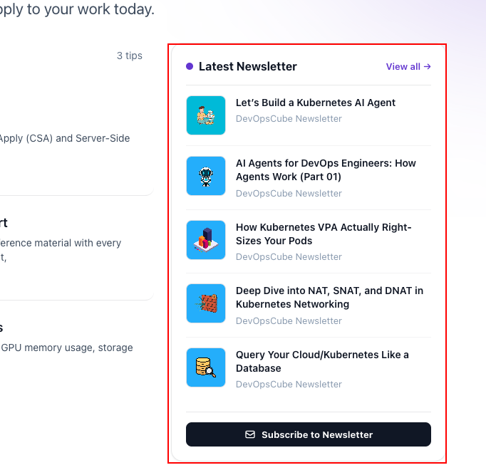 Website sidebar showing the lated Beehiiv newsletter posts with a subscriber button