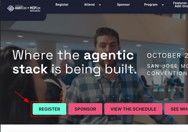 AGNTCon + MCPCon conference homepage with the register button