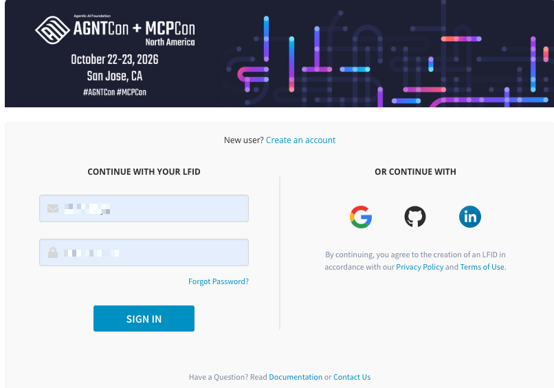AGNTCon + MCPCon login page with email and password fields and social sign-in options