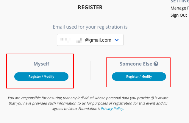 Conference registration page asking whether the registration is for yourself or someone else