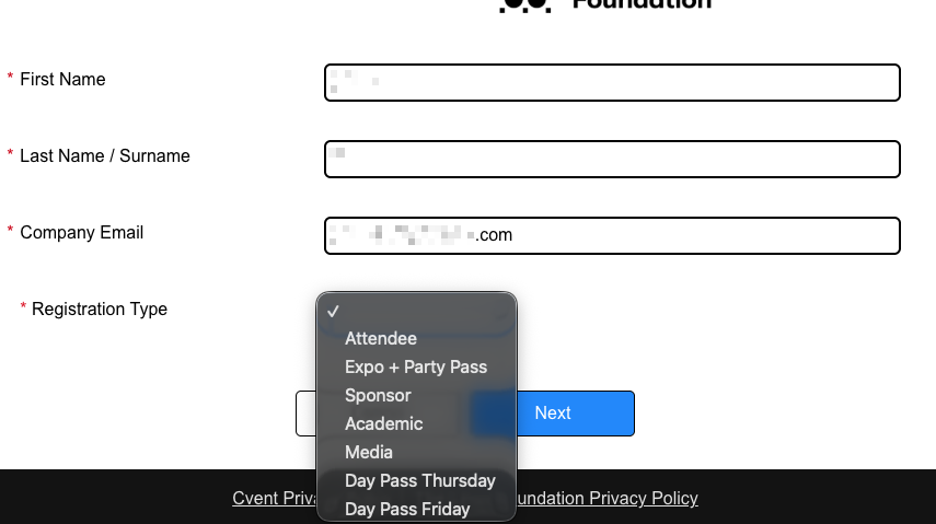 Conference registration form showing attendee details and registration type options