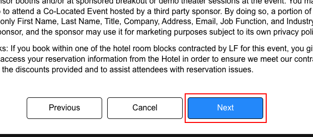 Conference resitration form with next button